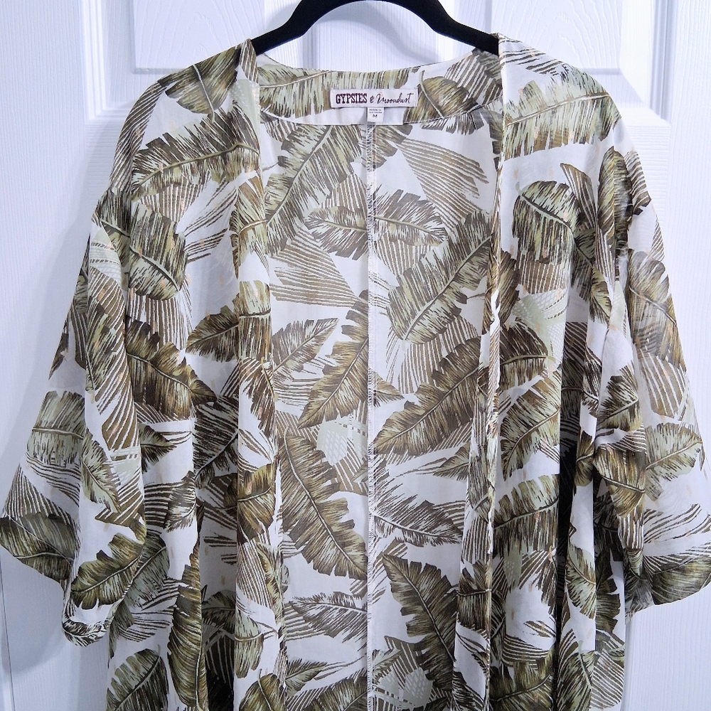 Kimono Duster Tropical Print Botanical Palm Leaves Long Length Gypsy Moondust - Picture 5 of 17